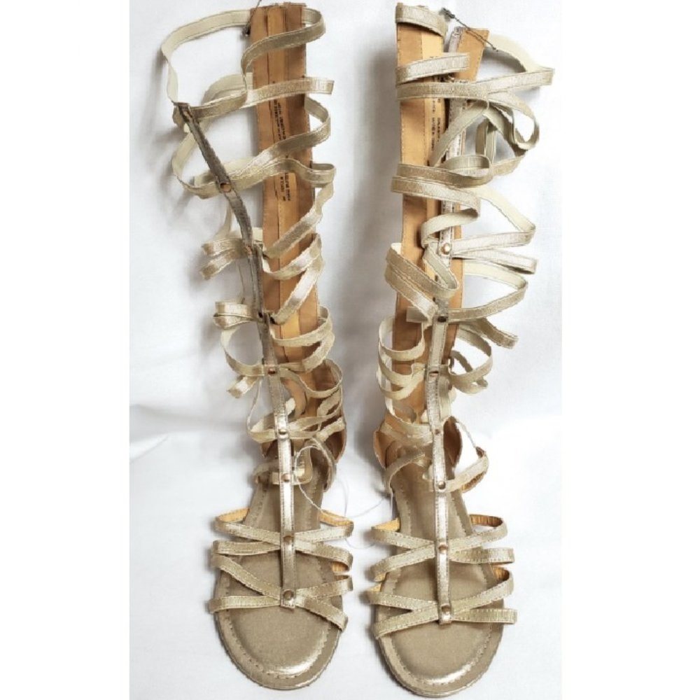 Sugar Gladiator Knee High Sandals Gold Zip Back